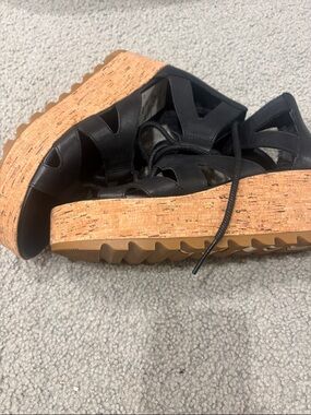 Sorel Black Lace-Up Cork Platform Wedge Sandals